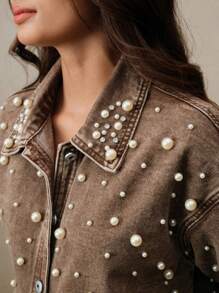 Anewsta Women's Elegant Fashionable Denim Shirt With Pearl And Rhinestone Design, Suitable For Spring, Valentine's Day, Parties, Elegant, Holiday, Vacation