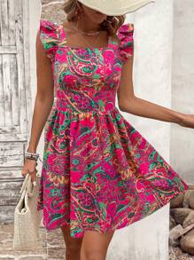 Breezaya Women's Ruffle Strap Full Print Tie Back Dress Vacation Beach Outfit