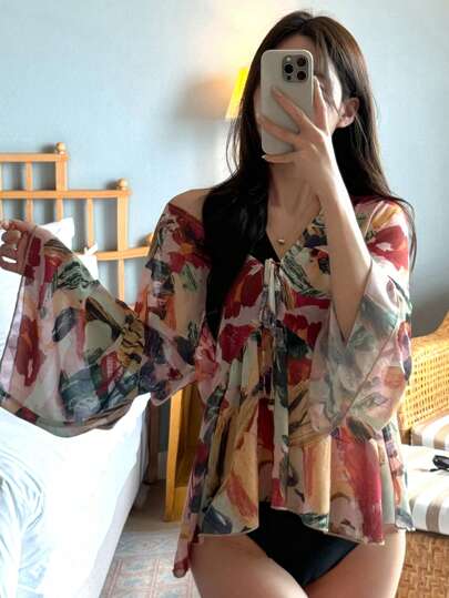 DAZY 喇叭袖宽松雪纺海滩度假罩衫，时尚轻盈的夏季印花罩衫