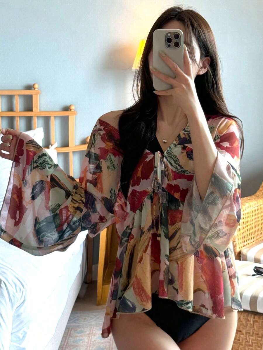 DAZY Áo khoác ngoài dáng rộng tay chuông bằng chiffon, áo choàng đi biển nhẹ nhàng, thời trang in họa tiết hoa cho mùa hè. - Nhiều màu - Xem 1