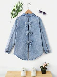 SHEIN Camicia di jeans con colletto a bavero, bottoni anteriori, decorazione con fiocco sul retro e orlo curvo, per ragazze pre-adolescenti, abbigliamento autunnale per il ritorno a scuola