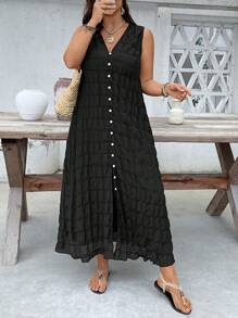 SHEIN VCAY 大码纯色简约无袖休闲连衣裙 - 黑色 - 查看 1