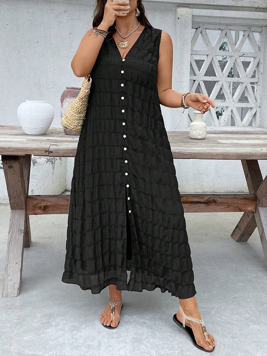 SHEIN VCAY 大码纯色简约无袖休闲连衣裙 - 黑色 - 查看 1