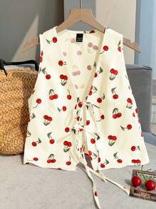 Comfortcana 樱桃印花系带休闲假日女式衬衫 - 黃色 - 查看 4