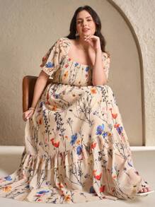 SHEIN Clasi Plus Size Women's Summer Elegant Long Chiffon Square Neck A-Line Dress - Multicolor - View 7