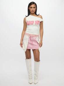 SUMWON WOMEN 内外重组拼接不对称纽扣前高腰迷你裙节日夏季春季做旧磨损原始下摆 - 粉色 - 查看 7