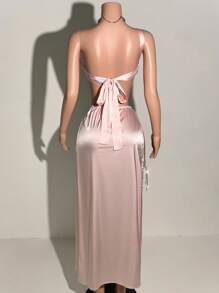 Slaydiva Women Dusty Pink Summer Tropical Beach Vacation Holiday,Satin Shiny Fabric 3D Floral Decor Strapless Backless Maxi Dress,See-Through Mesh Rhinestones - Pink - View 11