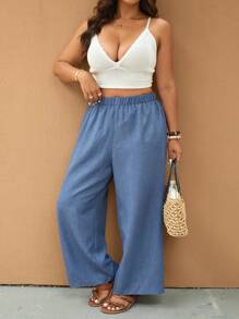 Elaquor 大码休闲纯色宽松裤 - 藍色 - 查看 5