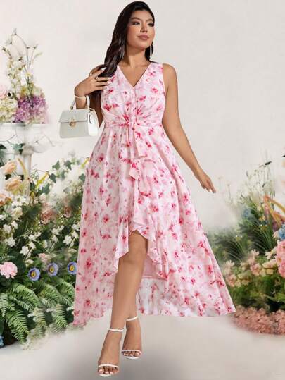 Bellastra Women Plus Size Elegant Floral All-Over Print Sleeveless Dress, For Brunch