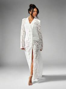MISSGUIDED Robe de soirée de luxe à longueur de plancher, style blazer, avec manches longues, boutonnage devant, fente latérale, en dentelle maxi pour réception de mariage