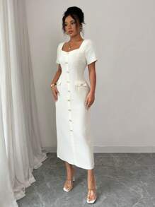 Elenzga 优雅方领华夫格纹理中长连衣裙，春夏 - 杏色 - 查看 4