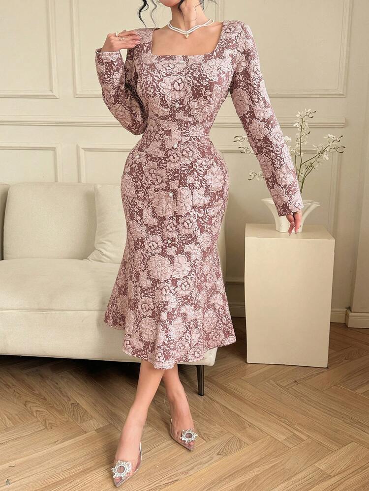 Solid Color Textured Mid-Length Floral Print Square Neck Dress For Date Night,Fall Dress Long Sleeve Dress Prom Dress Elegant Women Dresses Maxi Dress