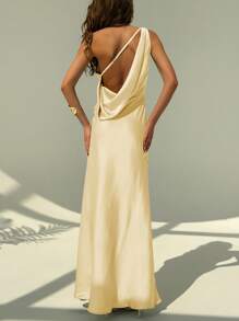 Aloruh 性感露背纯色不对称领口无袖连衣裙 - 黃色 - 查看 2