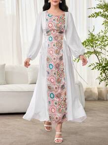 SHEIN Najma 优雅复古印花拼布侧系带束腰女式连衣裙，端庄 - 白色 - 查看 4