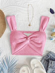 Soleia 女士度假针织上衣，正面扭纹细节，心形领，露背，短款 - 粉色 - 查看 3