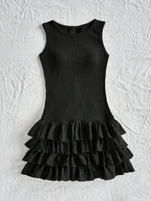 Soleia Women's Vacation Burgundy Round Neck Sleeveless Woven Patchwork Multi-Layer Ruffle Hem Jumpsuit Black Ruffle Dress Black Tiered Ruffle Dress Black Ruffle Mini Dress Casual Black Dress Black Sundress - Black - View 5