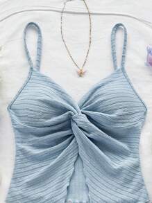 Soleia Áo dệt kim không tay có họa tiết dành cho nữ với phần ngực xoắn và viền xếp nếp, thanh lịch cho kỳ nghỉ, tiệc tùng, đêm hẹn hò, ngày lễ tình nhân, lễ hội hóa trang, bãi biển, du ngoạn, trà chiều - Màu xanh nhạt - Xem 4