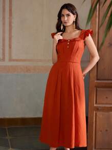 ZEYLAH Women Linen Midi Dresses - Orange - View 6
