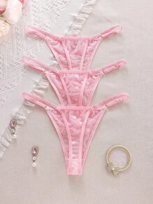 SHEIN 3pcs/Set Women Low Waist Lace G-String, Assorted Heart Pattern - Pink - View 2
