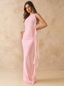 SHEIN BAE 女式纯色不对称褶饰露背长款网眼荷叶边连衣裙，优雅海滩度假连衣裙，春夏 - 淺粉色 - 查看 6