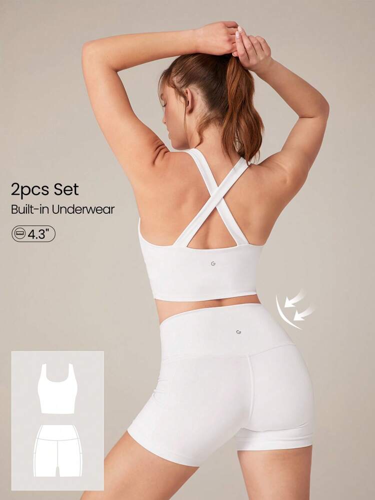 2 Pieces  Powersculpt™ Sweat-Wicking Cool Feel High Stretch Crossover Back Tank Removable Seamless Cups & 4.3'' Biker Shorts With Side Pockets Set High Impact Workout Running Training Spring Summer