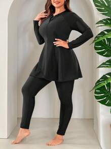 Swim Mulvari طقم بوركيني للسيدات بمقاسات كبيرة، سترة طويلة الأكمام وبنطال ذات لون واحد ،ذو سوستة - الأسود - مشاهدة 3