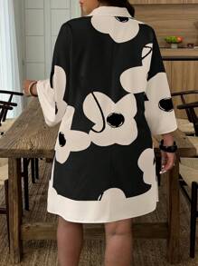 EMERY ROSE 大码女式度假花卉印花纽扣式半襟 3/4 袖休闲中长连衣裙