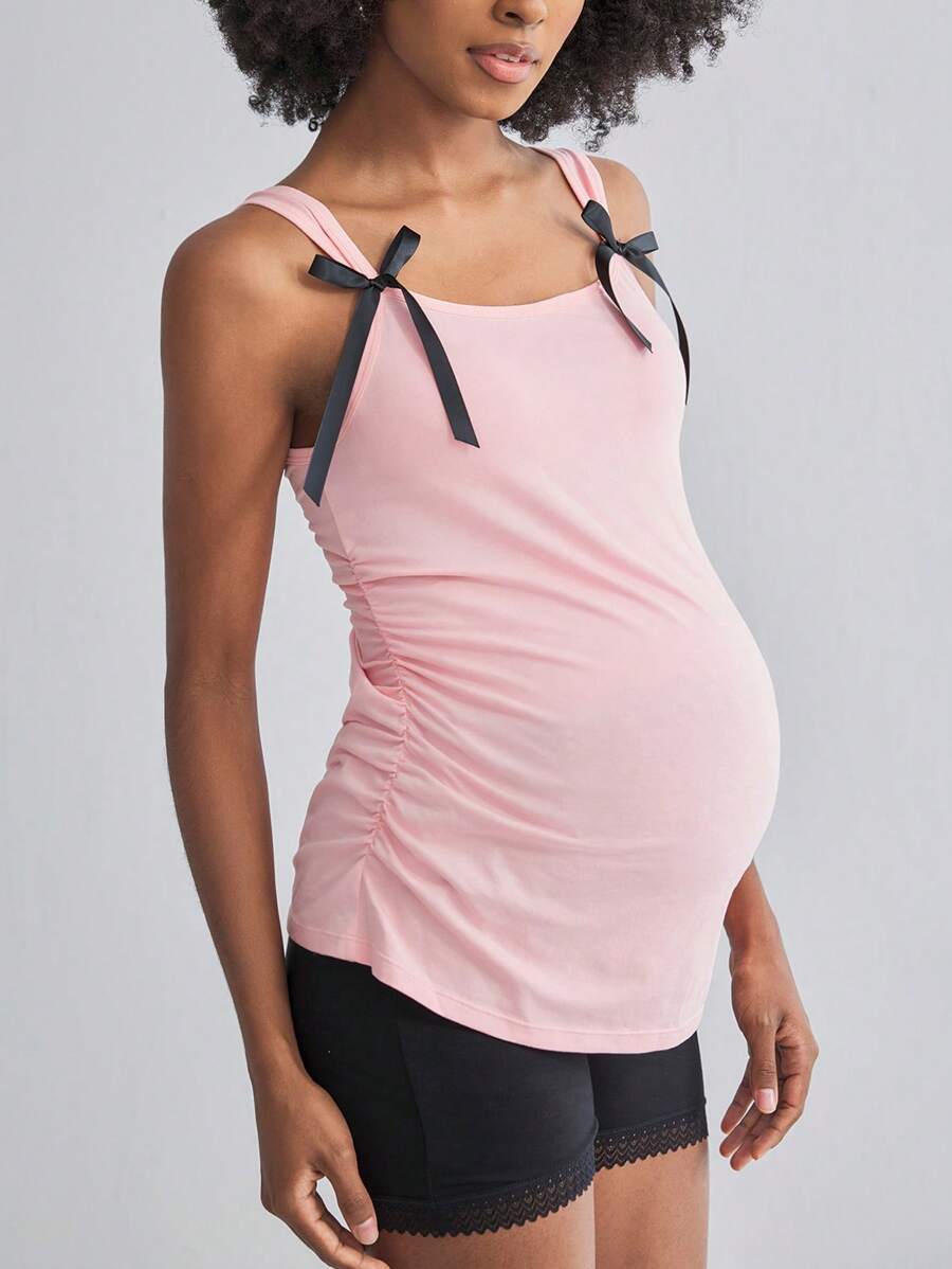 Pregnant Women Cotton Comfy Sweet Cute Bow Ruffle Camisole Top In Black & Pink