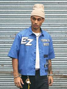 AXEPEAK Men Casual Street Fashion Checkered Loose Fit Short Sleeve Cropped Blue Shirt, Streetwear Essential, Emo - Blue - View 3