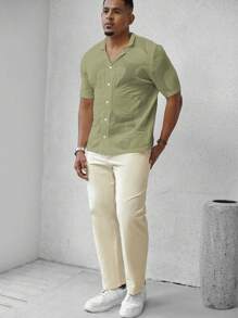 Manfinity Homme Men's Knit Short Sleeve Solid Color Sweater, Fashionable For Summer - Green - View 6