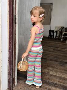 SHEIN Conjunto informal de top de tirantes de colores y pantalones largos a juego para niña, estilo animado y lindo, adecuado para juegos al aire libre, uso cómodo en casa, ejercicio relajado