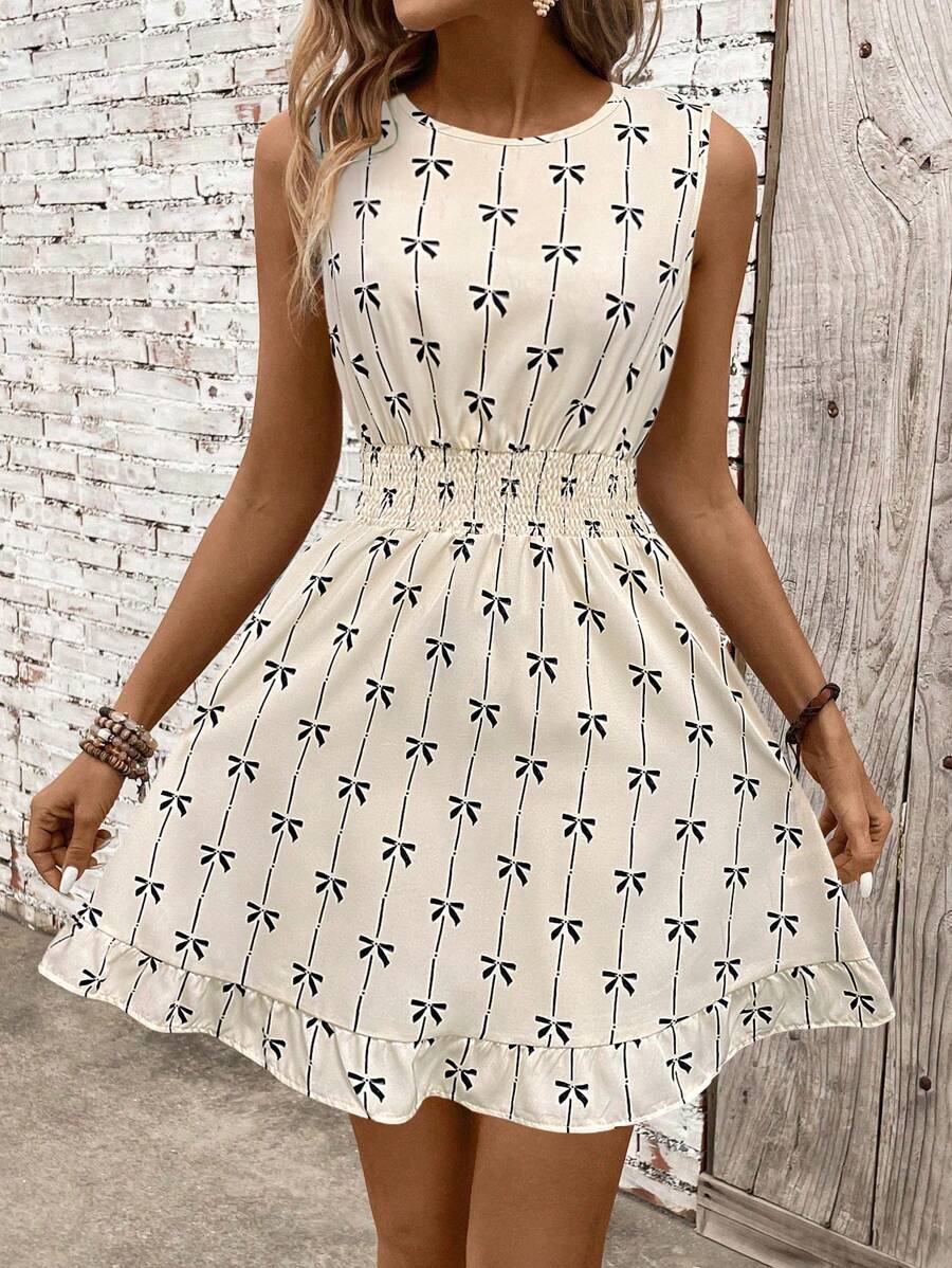 Breezaya 1 件女士蝴蝶结装饰腰部系带无袖印花连衣裙