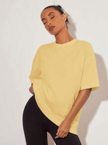 SHEIN BASICS 女士休闲简约纯色圆领落肩短袖T恤，夏季 - 黃色 - 查看 4