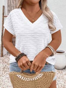 SHEIN LUNE CURVE Damen Lässig V-Ausschnitt Kurzarm Strukturiertes Jacquard T-Shirt in Große Größen - Weiss - Übersicht 6