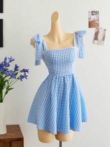 Elamini Cute Plaid Tied Strap Mini Dress - Blue and White - View 1