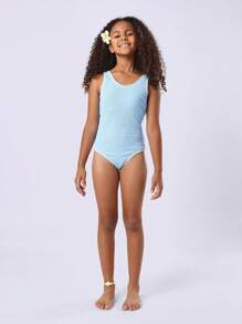 SUMWON 纹理连体泳衣夏季沙滩泳池运动宽肩带露背度假休闲冲浪运动训练游泳 - 藍色 - 查看 5