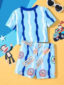 Paul Frank X SHEIN Áo thun tay ngắn họa tiết khỉ cho bé trai và quần bơi cạp chun - Màu xanh lam - Xem 2