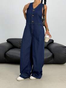 SHEIN Pantalones vaqueros anchos con lavado desteñido y cuello en V oversize para adolescentes, peto vaquero con bolsillos sesgados, pantalones cortos con estilo bohemio para verano y playa, conjuntos casuales para conciertos y festivales, conjuntos para usar en verano, brunch, iglesia, graduación y vuelta al colegio