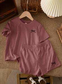 SHEIN Leap Crew 2pcs/Set Tween Girls' Casual Minimalist Style Short Sleeve Shorts Set, Suitable For Summer - Dusty Purple - View 3