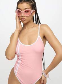 SUMWON WOMEN 设计师款连体泳衣吊带吊带风格高腰泳池边沙滩装夏季系列泳衣 - 粉色 - 查看 6