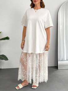 SHEIN Essnce 女士大码长裙，二合一连衣裙，蕾丝拼接连衣裙，透视女装，白色连衣裙，夏季连衣裙，毕业礼服，生日礼服，节日礼服，白色连衣裙，优雅高贵，休闲连衣裙 - 白色 - 查看 6