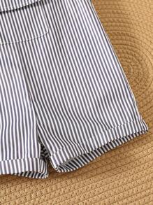 SHEIN Newborn Baby Boys/Girls Summer Casual Versatile Blue & White Striped Bib Pants Romper - Multicolor - View 10