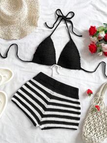 Soleia 2pcs/Set Holiday Beach Decoration Red & White Striped Bikini Sweater Set In Fall/Winter - Black and White - View 3