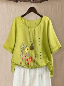 Linhara Áo sơ mi vải lanh pha hoa cỡ lớn, thanh lịch cho kỳ nghỉ, dã ngoại, tiệc tùng, tốt nghiệp - màu xanh lá - Xem 1