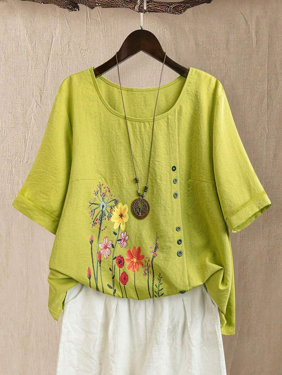 Linhara Áo sơ mi vải lanh pha hoa cỡ lớn, thanh lịch cho kỳ nghỉ, dã ngoại, tiệc tùng, tốt nghiệp - màu xanh lá - Xem 1