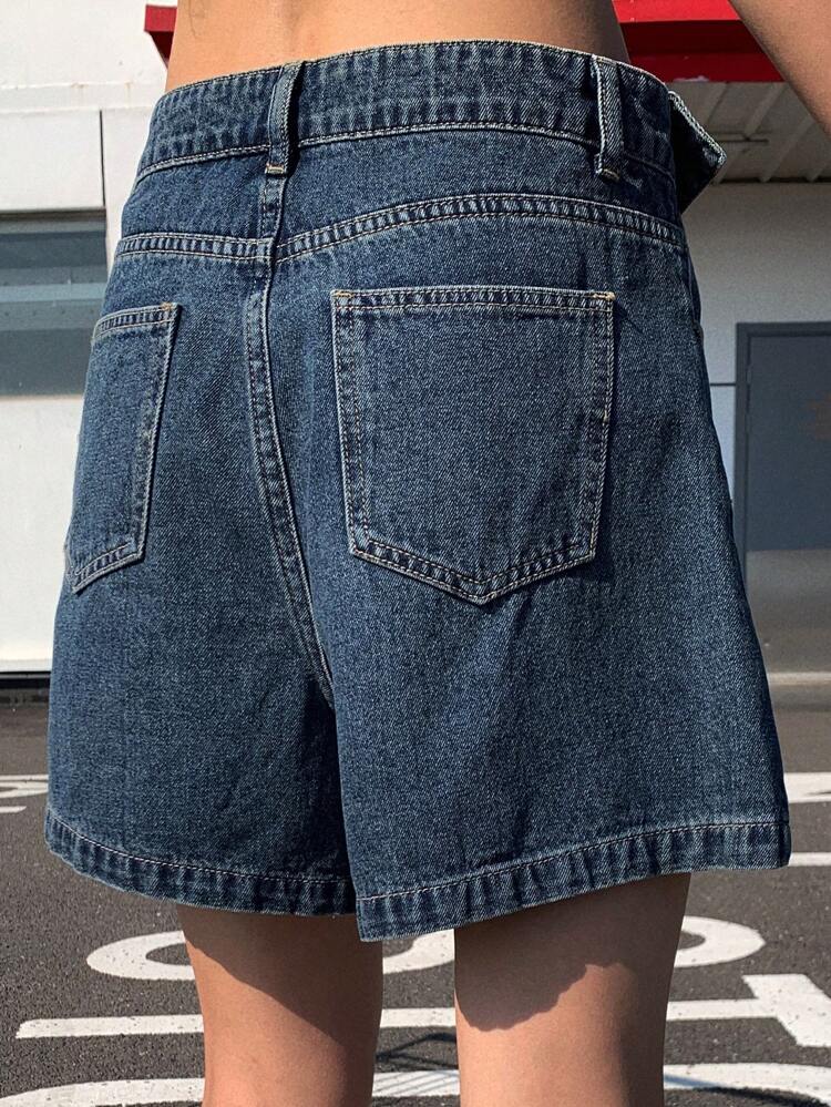 Women's Summer Fold-Over Waist Decorative Hem Denim Shorts Jorts