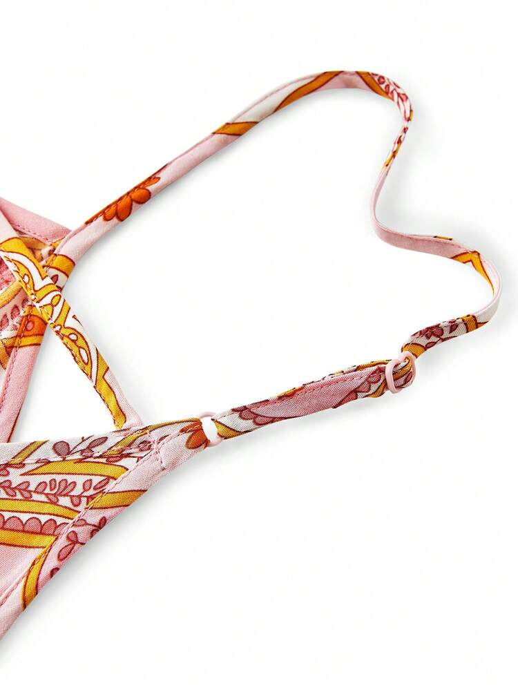 Lingerie Nupcial Íntima Suave de Rayon Rosa com Estampa Romântica de Paisley para Férias, Vestido Camisola Arejado com Alças e Laço, Pijamas Femininos Sexy e Subversivos para Primavera e Verão