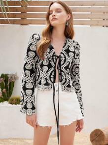 SHEIN ChicEase Áo kiểu Pháp cổ điển thêu màu khối cho nữ, viền và cổ tay áo thiết kế bất đối xứng, cổ chữ V buộc phía trước, áo sơ mi cài nút mùa thu, phong cách thời trang thanh lịch cho mùa xuân thu - màu đen - Xem 6