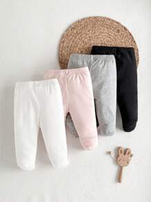 SHEIN Set de 4 piezas de pantalones sin pies de bebé recién nacido de unicolor blanco, rosa, negro y gris - Tela de punto acanalada suave y amigable con la piel, ajuste cómodo, adecuado para todas las estaciones, lindo y sencillo, elástico y fácil de poner y quitar, buen valor, adecuado para el hogar, salidas, vacaciones y uso diario, 0-3 meses, nueva llegada de primavera/verano, conjunto de ropa de niña bebé - Multicolor - Ver 2