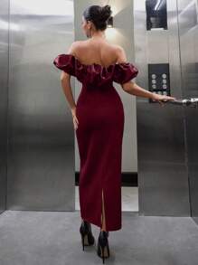 RueChic Women Satin Detailed Off Shoulder Ruffle Split Back Dress - Burgundy - View 2